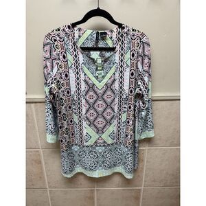 New Directions Multicolor Boho Geo Round Neck 3/4 Sleeve Tunic Top. Sz L